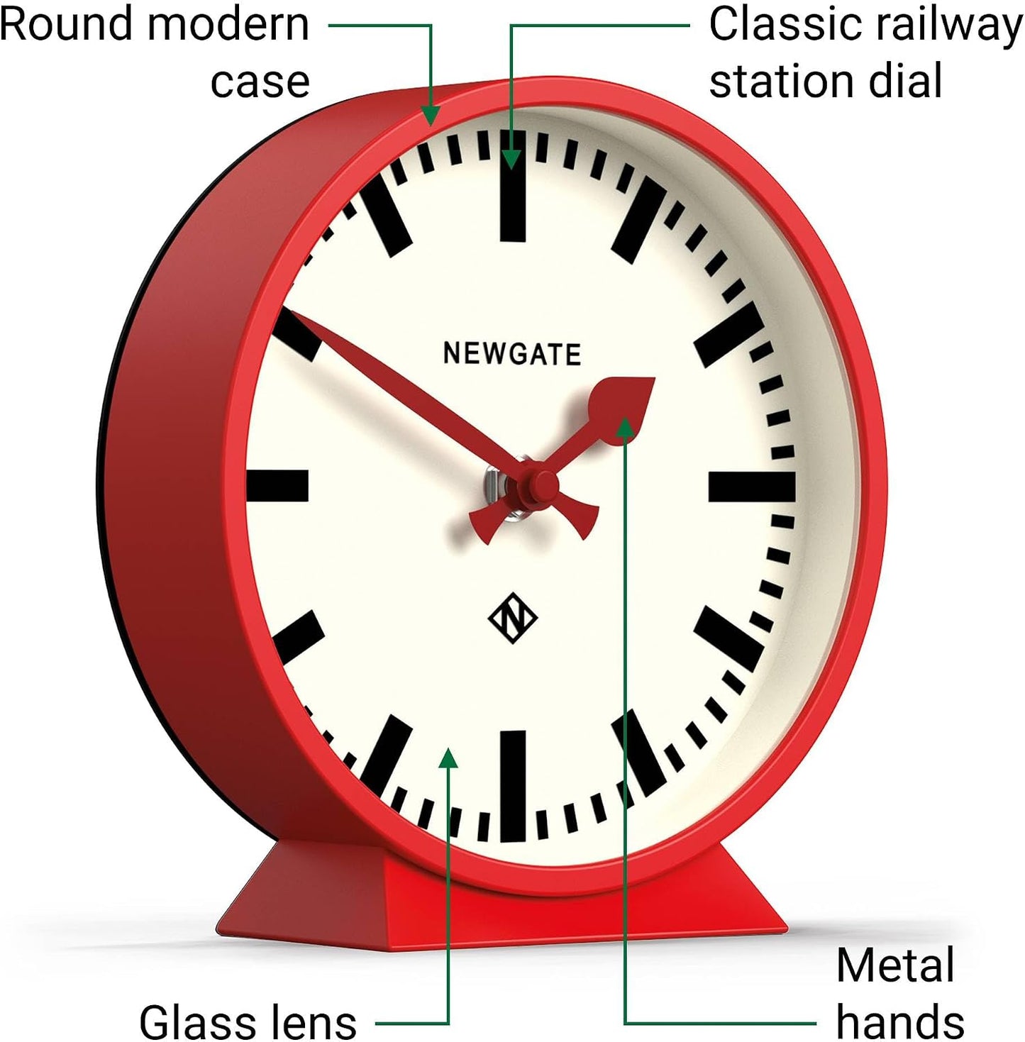 NEWGATE® M Mantel Railway Desk Clock | Modern Round Station Clock Design | Red | Contemporary Style for Desk, Table