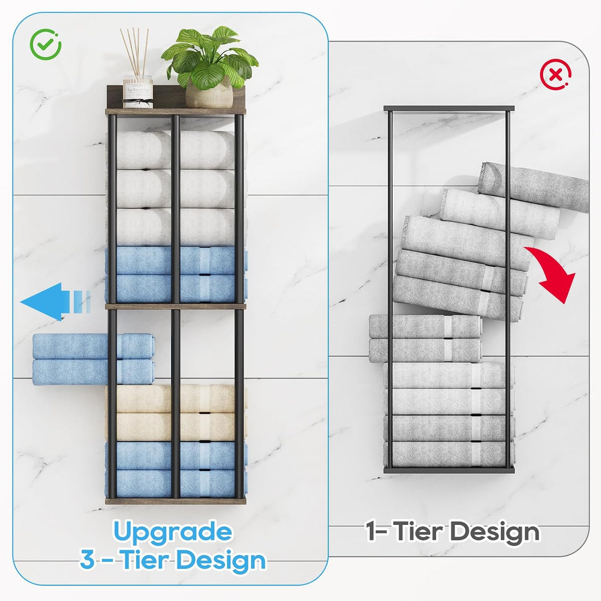Towel Racks for Bathroom Wall Mounted with Wooden Storage Shelf | Updated 3 Bar Metal Towel Holder for Rolled Towels