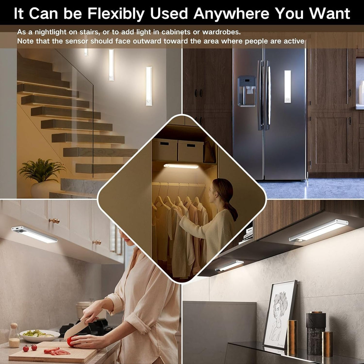 Motion Sensor Under Cabinet Lighting-Magnetic Rechargeable Closet Lights for Kitchen,Stairs,Wardrobe | 3-Color Dimmable