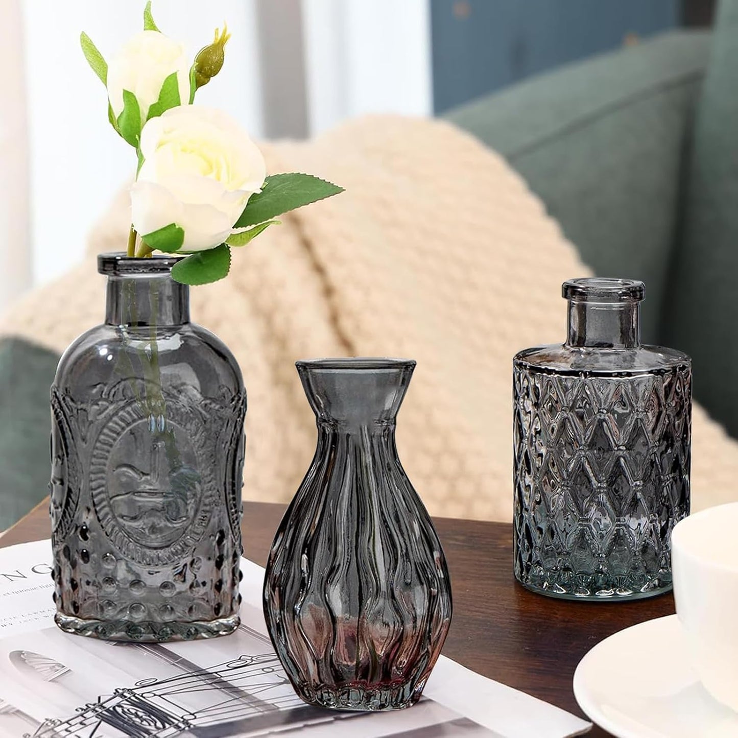 Black Glass Bud Vases- Set Gray Small Vases for Flowers / Black Grey / Set of 20