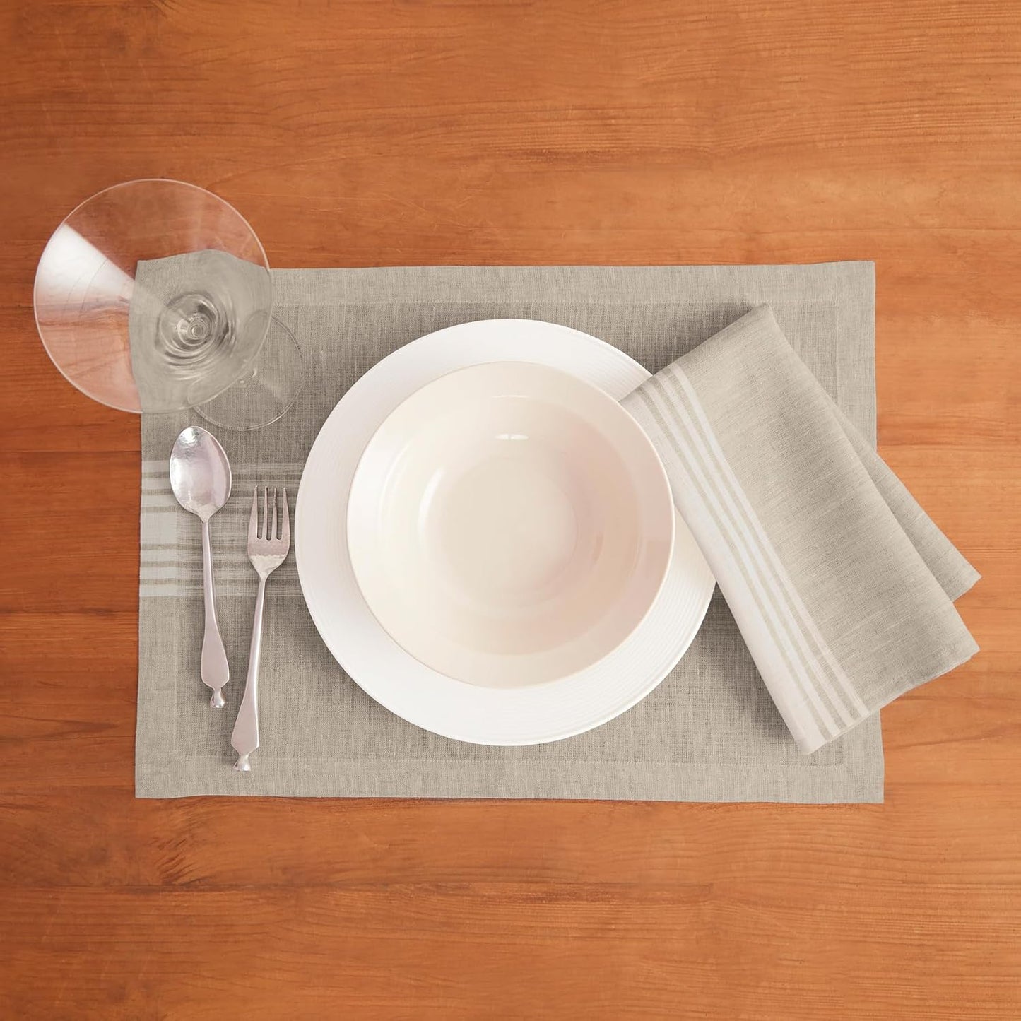 Solino Home 100% Pure Linen Placemats, 14 x 19 in, White Striped, Set of 4 | Farmhouse Place Mats place settings for