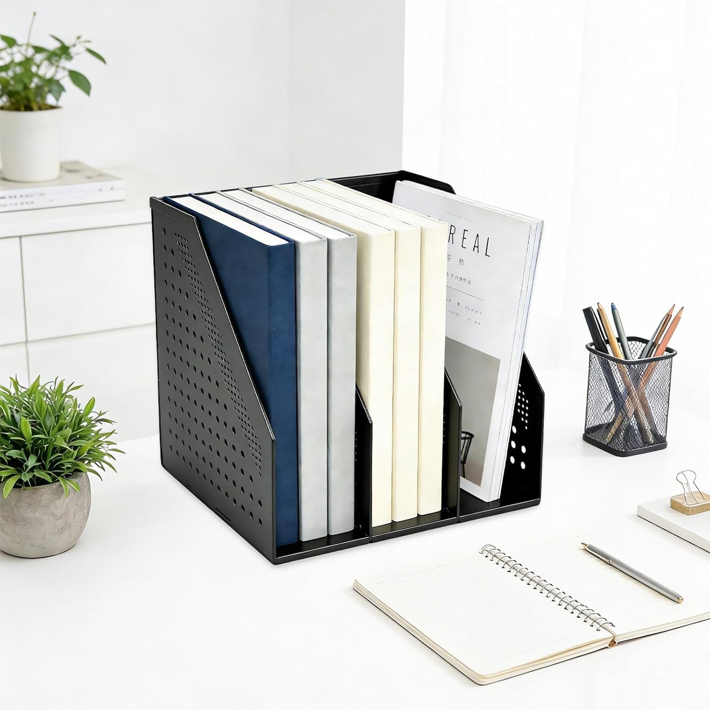 SAYEEC 2Pcs Collapsible Plastic Magazine File Holder Vertical Binder Storage Organizer for Desk Sturdy Upright Desktop