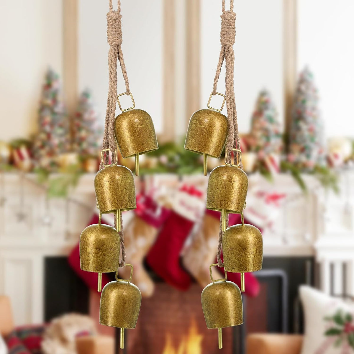 2 Pack Gold Metal Vintage Bells with Jute Hanging Rope