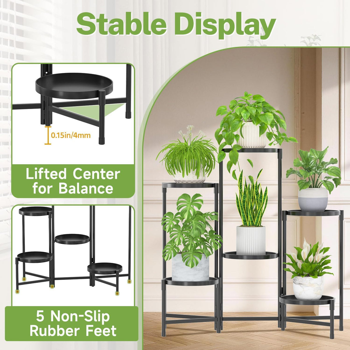 iDavosic.ly 6 Tier Large Plant Stand with Grow Light, 10 Inch Tray, Black | Tiered Metal Corner Heavy Duty Multiple