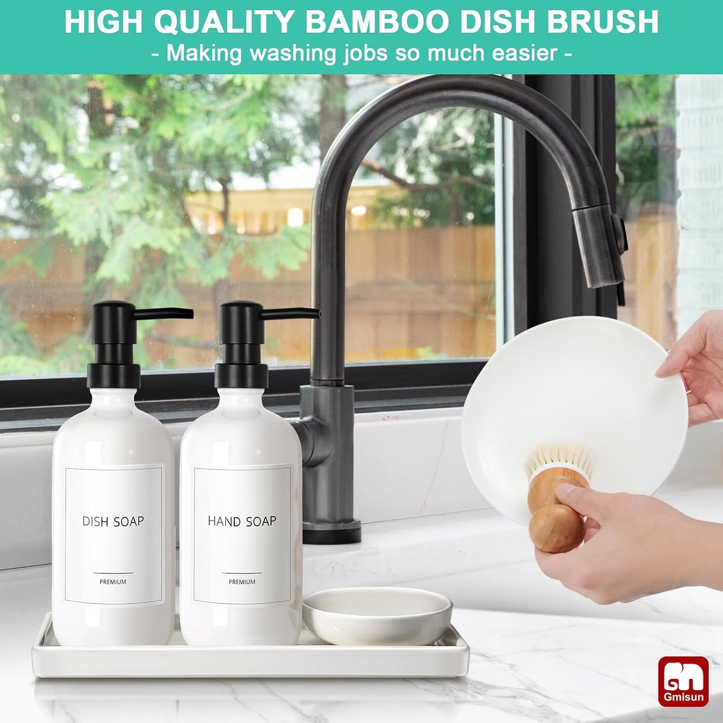 GMISUN Kitchen Soap Dispenser Set, 16 Oz Hand and Dish Soap Dispenser with Ceramic Tray & Bamboo Dish Brush, 2 Pack