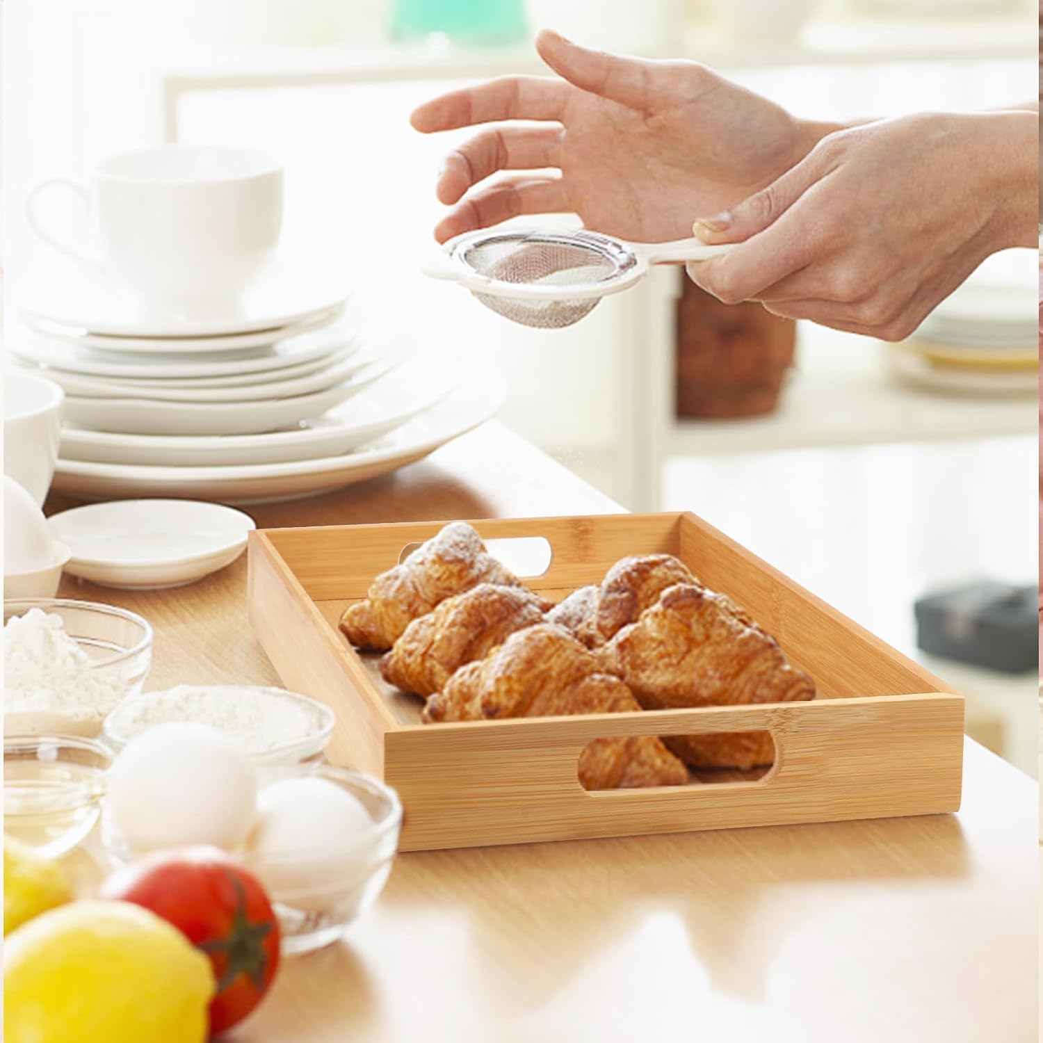 Bamboo Breakfast Tray Wooden Trays Decorative Serving Platter for Eating / Yellow / 16 x 11 x 1.4