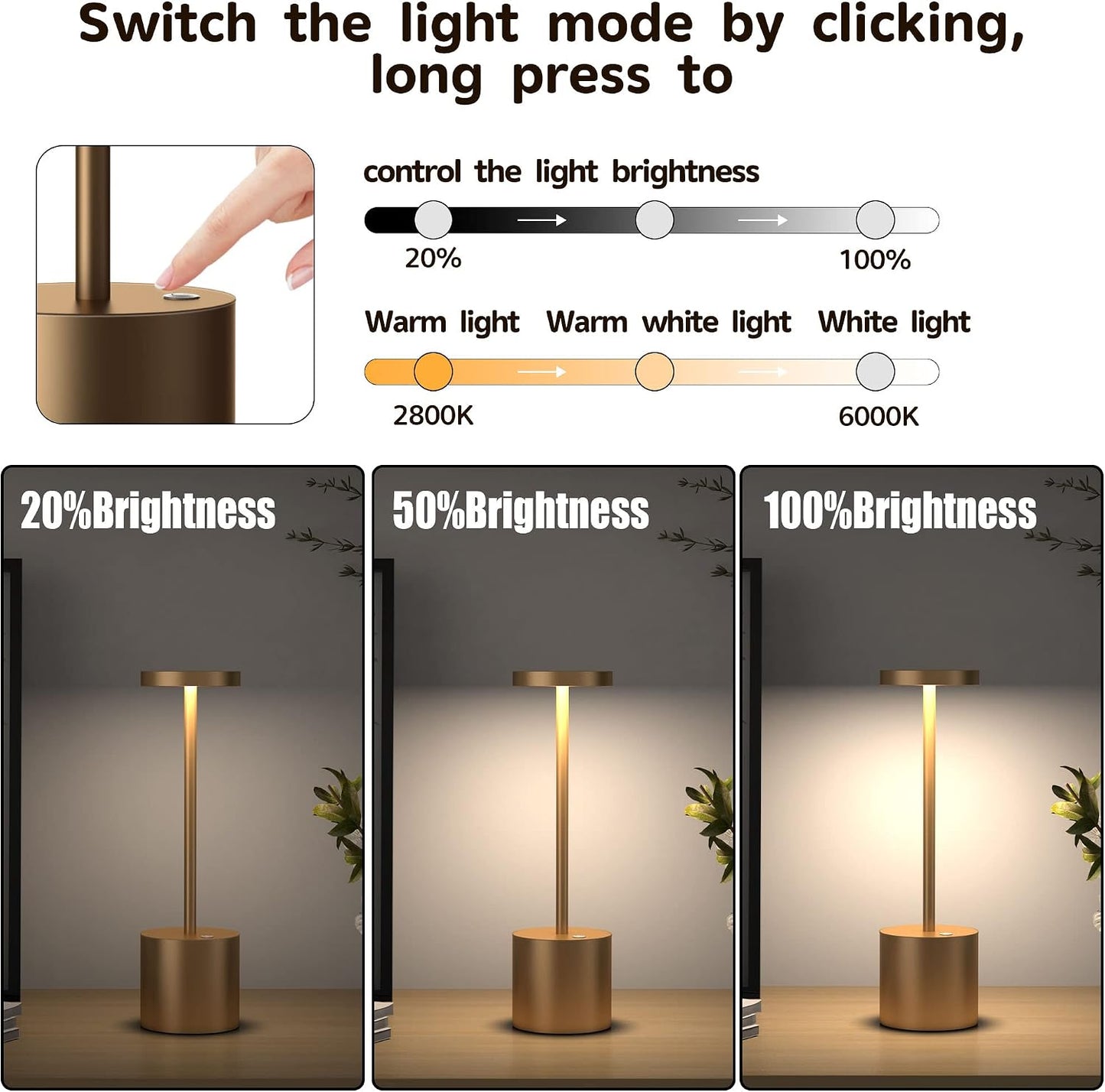 2Pack Cordless Table Lamp, Rechargeable LED Battery 5000mAh Metal USB Portable Powered Desk Lamp, 3 Levels Brightness