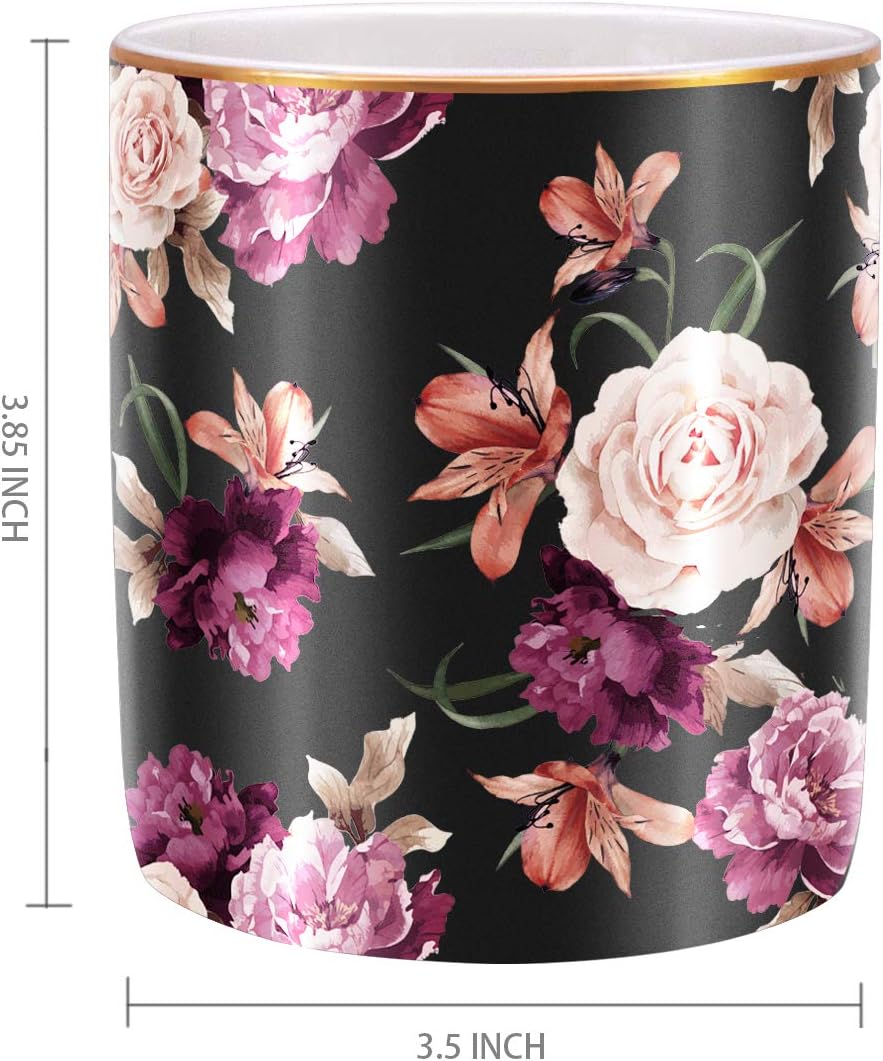 Floral Makeup Brush Holder Durable Ceramic Flower Design Desk Pencil / Black Flower