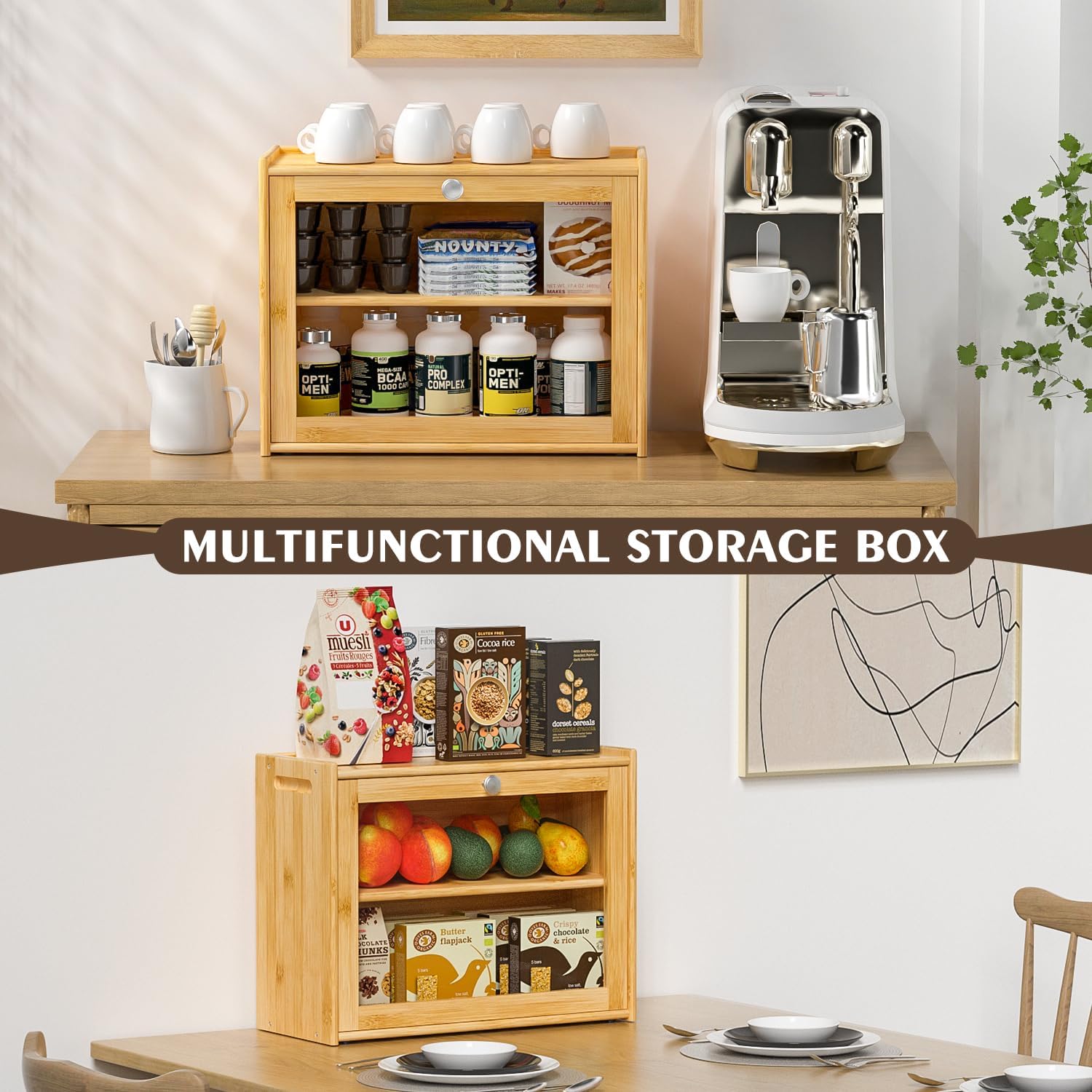 Bread Box for Kitchen Countertop, Double-layers large Bread Container with Transparent Door, Bread Storage&Multiple