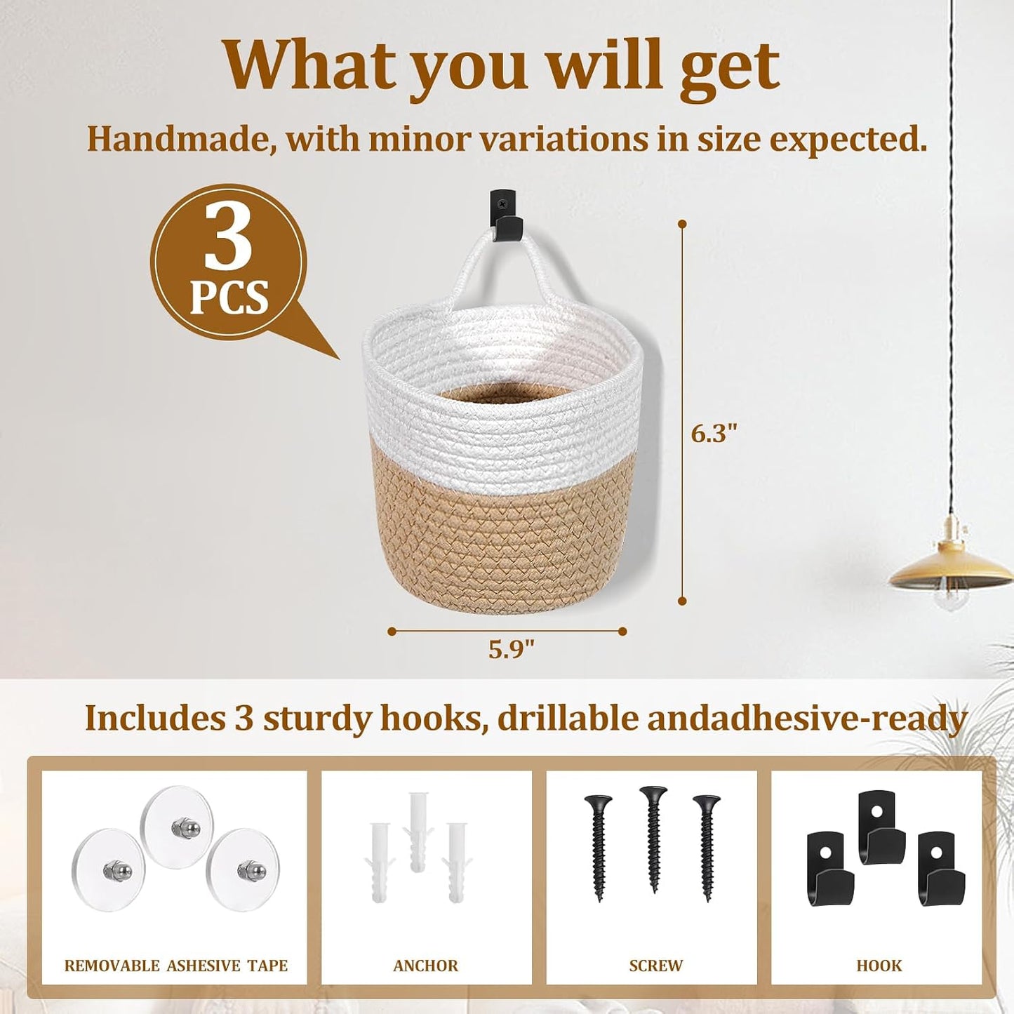Adhesive Hooks / Woven Storage Organizers / White & Coffee / Set of 3