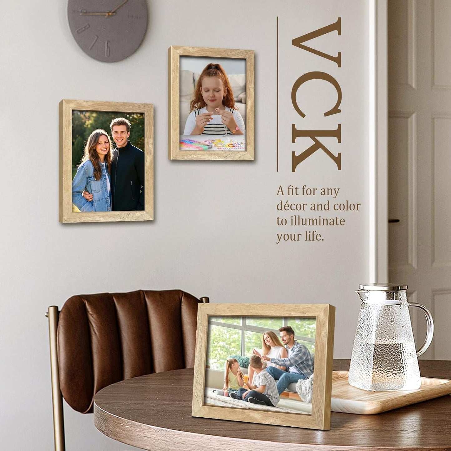 VCK 8.5x11 Picture Frame 3 Pack, Natural Solid Wood, Wall/Tabletop Display | Wide Border, Light Woodgrain, Shatterproof