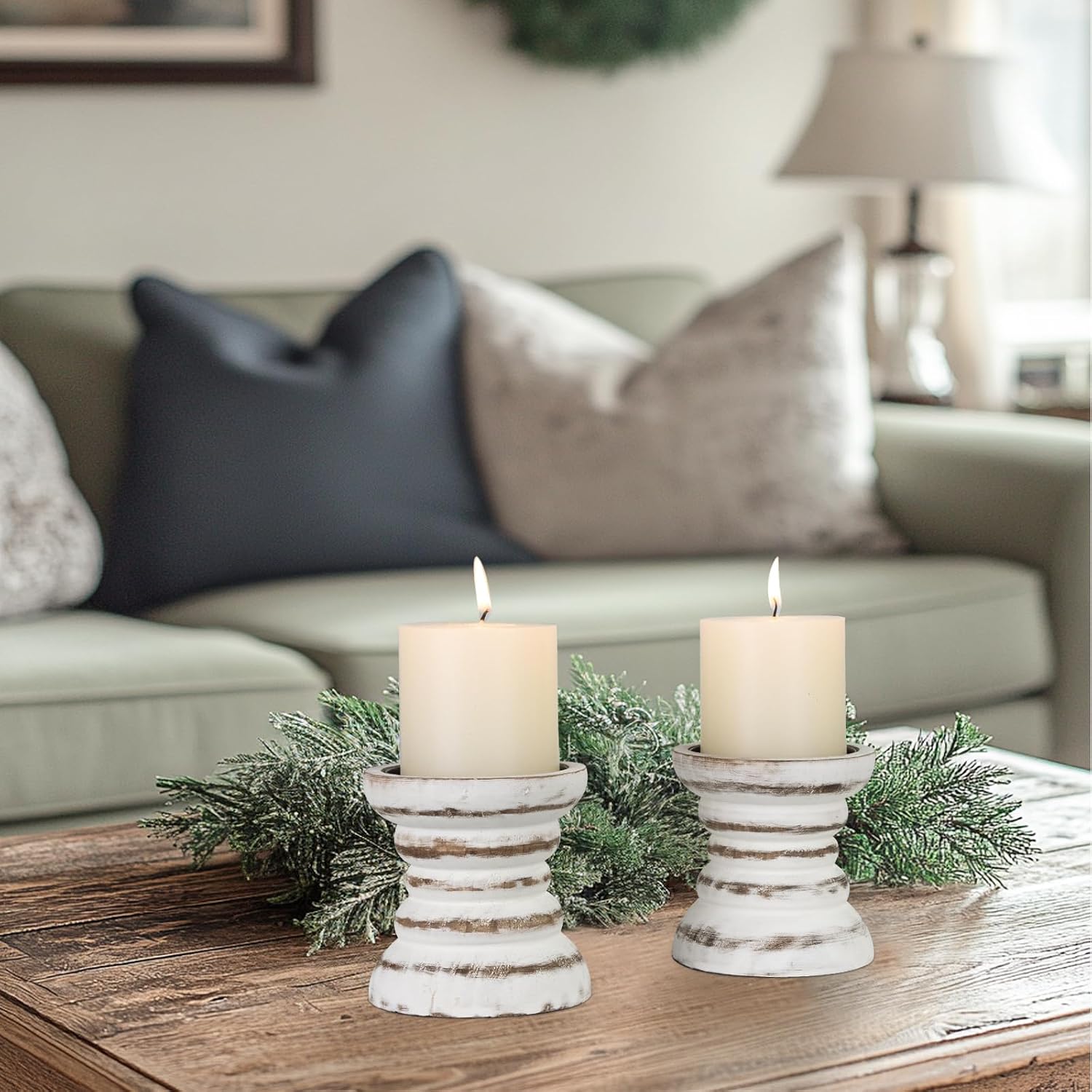 Candle Holder for Pillar Candle Set of 2, Farmhouse Wood Candle Holder, Rustic Wooden Candle Stand, Vintage Small