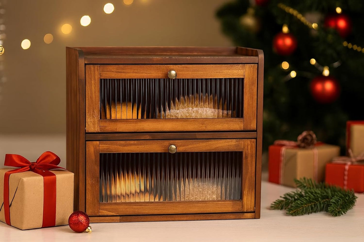 Sunhoo Bread Box for Kitchen Countertop Wooden Bread Storage Container Bin 2 Layer Breadbox Holder Large Capacity