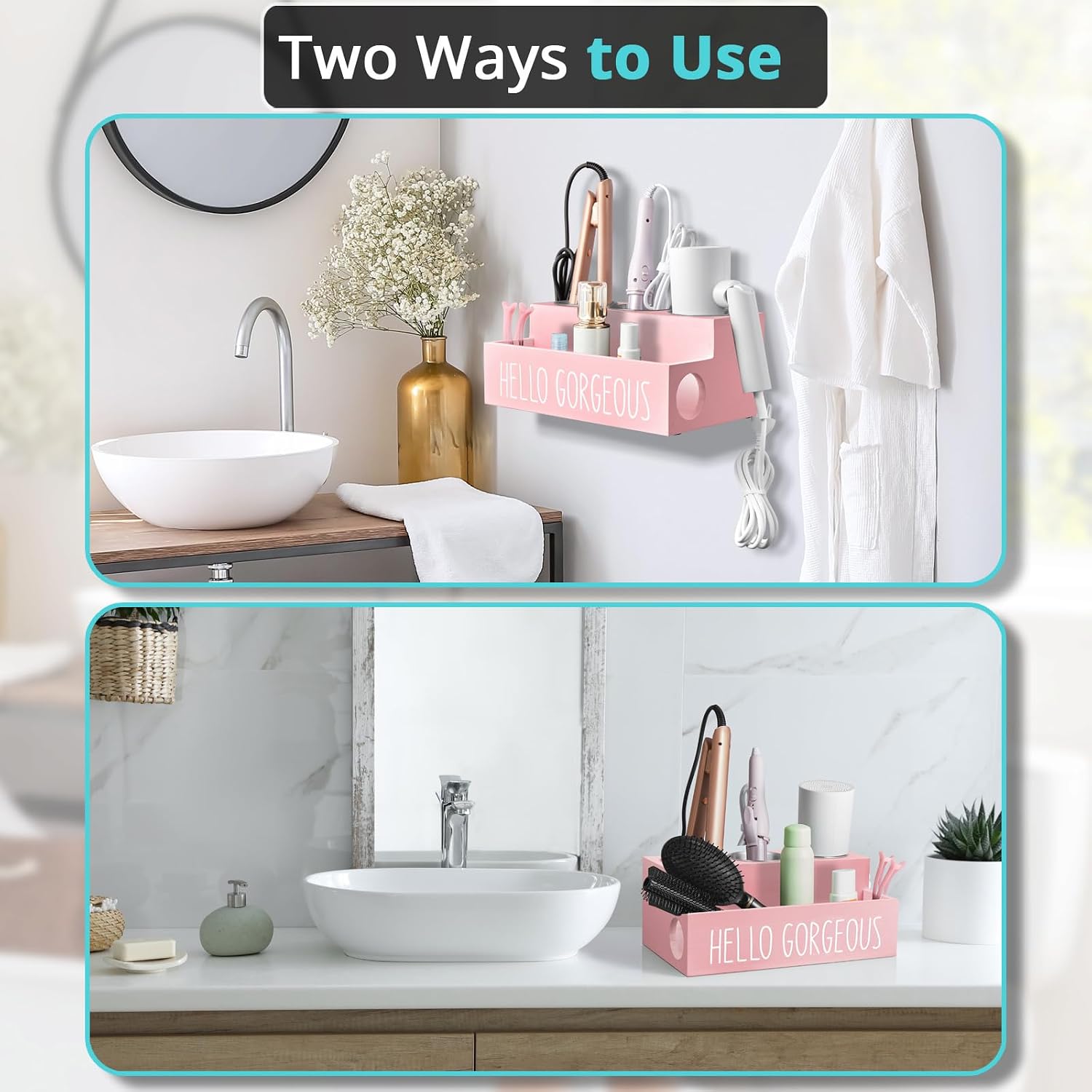 Bivvclaz Hair Tool Organizer, Wooden Hair Dryer Holder Countertop, Wall Mount Hot Tools Organizer for Hair Styling