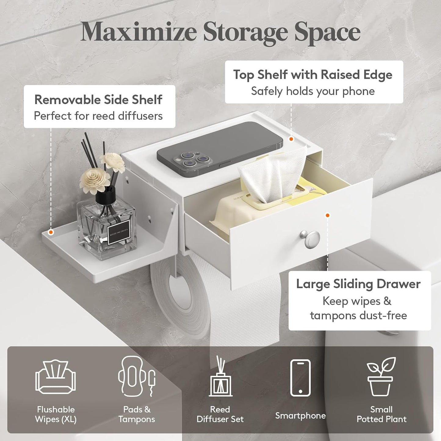 Lifewit Toilet Paper Holder Wall Mount with Shelf & Drawer, White, 2 Pack | Screw or adhesive installation, sturdy