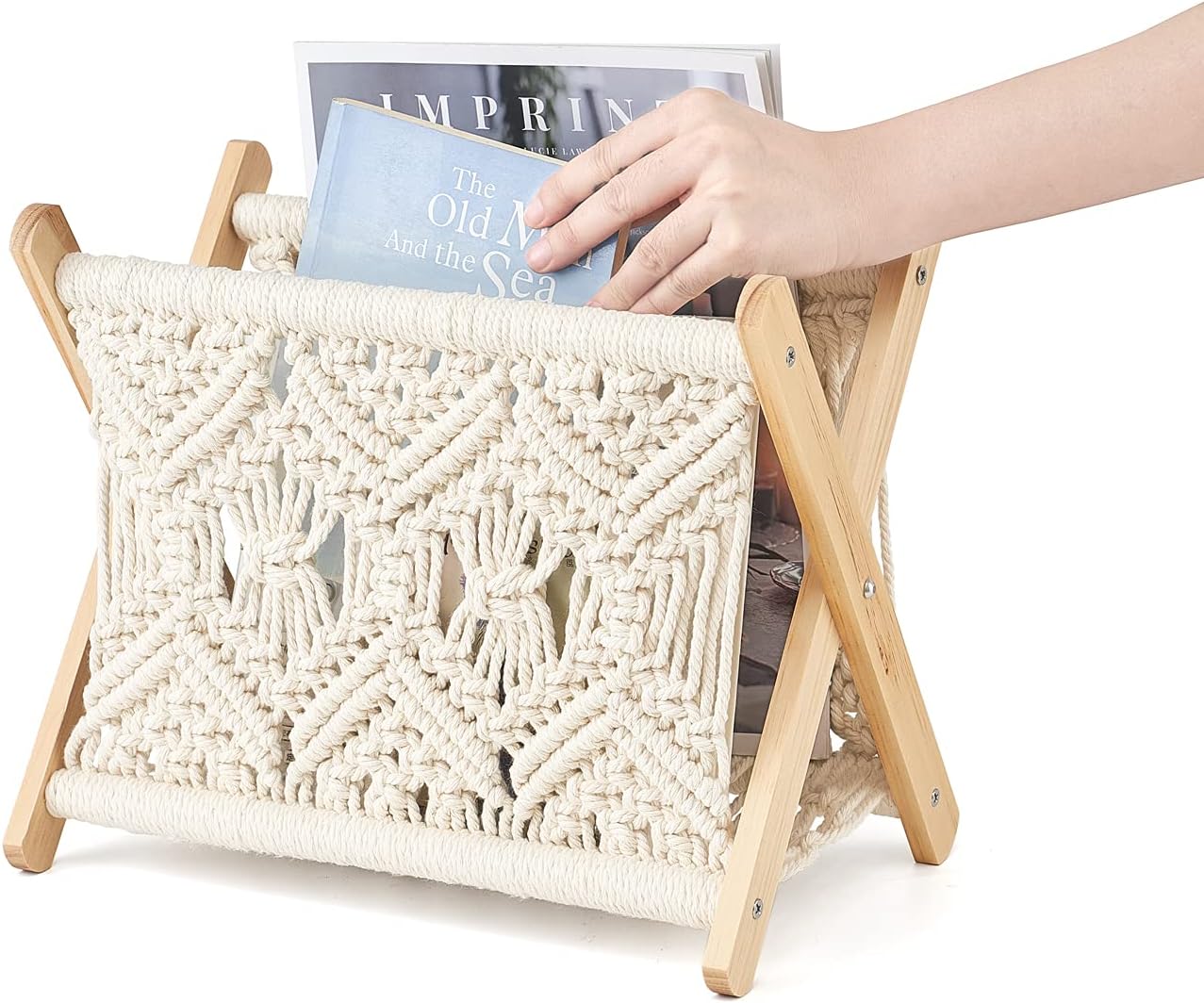 Mkono Macrame Magazine Holder, Boho Woven Book Rack Basket, 11.2"L x 7.5"W | Boho Decor, Mail Paper Vinyl Storage