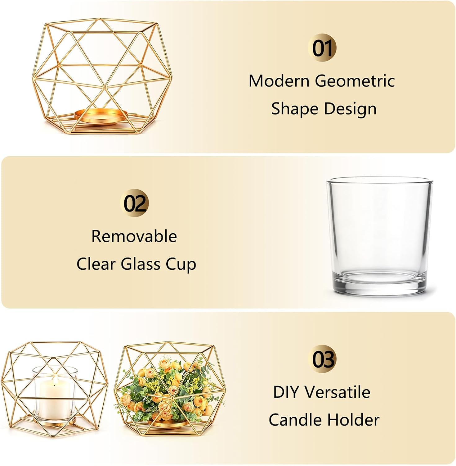 Hewory Geometric Tealight Candle Holders, 12 Pcs Wedding Table Centerpieces | Gold Candle Holders with Clear Cups, for
