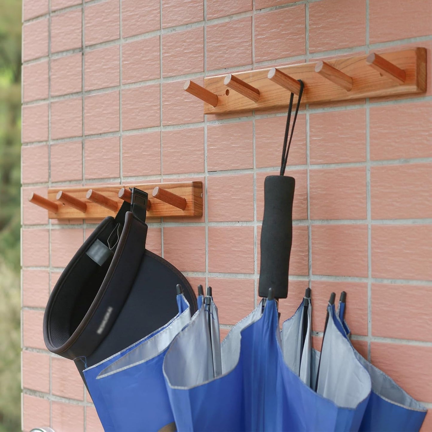 Natural Teak Wall-Mounted Coat Rack (Set of 2, 16'' Hole to Hole) - Farmhouse Entryway Hooks with 5 Wooden Hooks Each