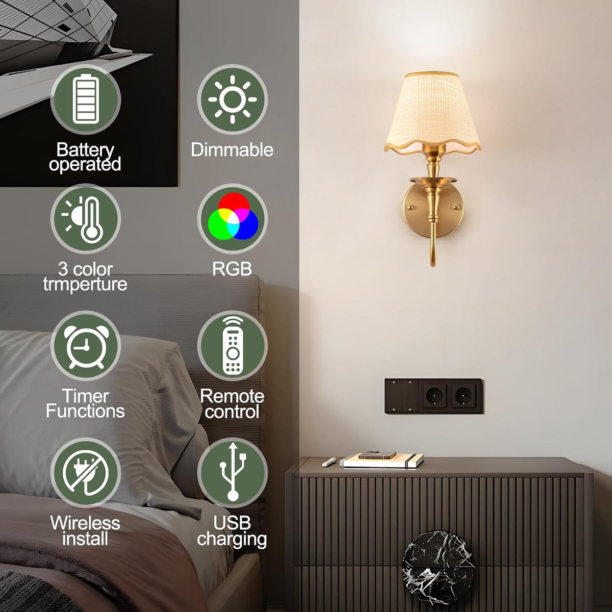 Battery Operated Wall Sconces Set of 2, Rattan Shade Wireless Wall Sconces, RGB Rechargeable Dimmable, Brass-Color
