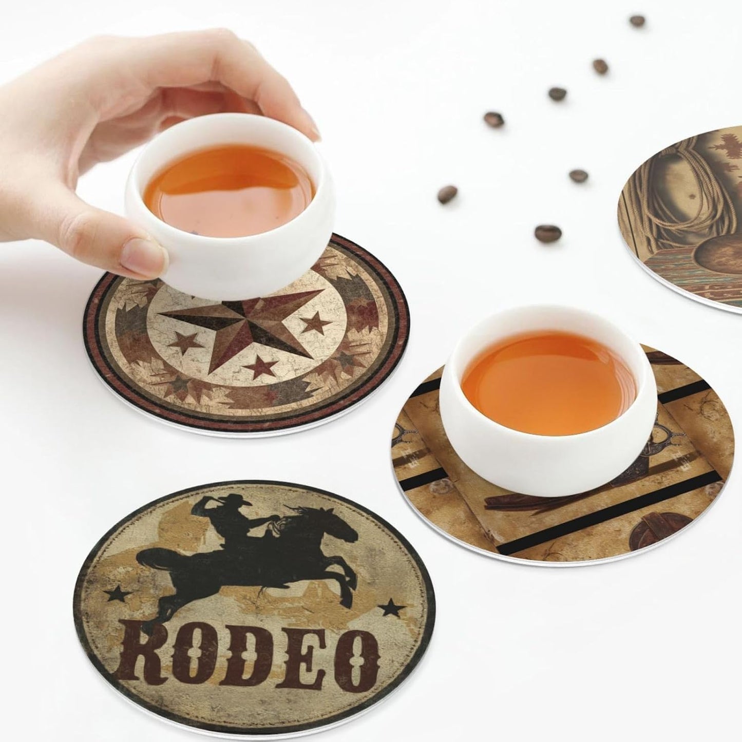 Holder Round Leather Coasters Cups Mugs Mat Pad / Western / Set of 6