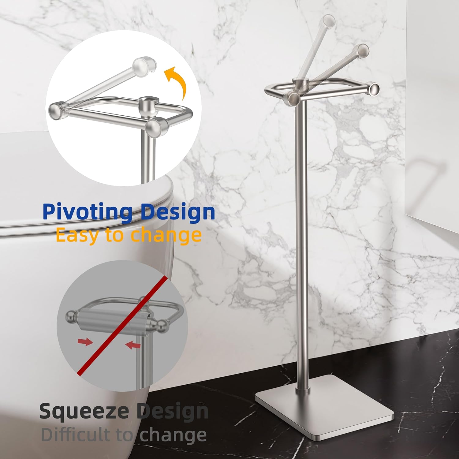 RUACQ Bathroom Toilet Paper Holder Stand, Brushed Nickel | Dual-Post Pivoting Free Standing Toilet Roll Holder with