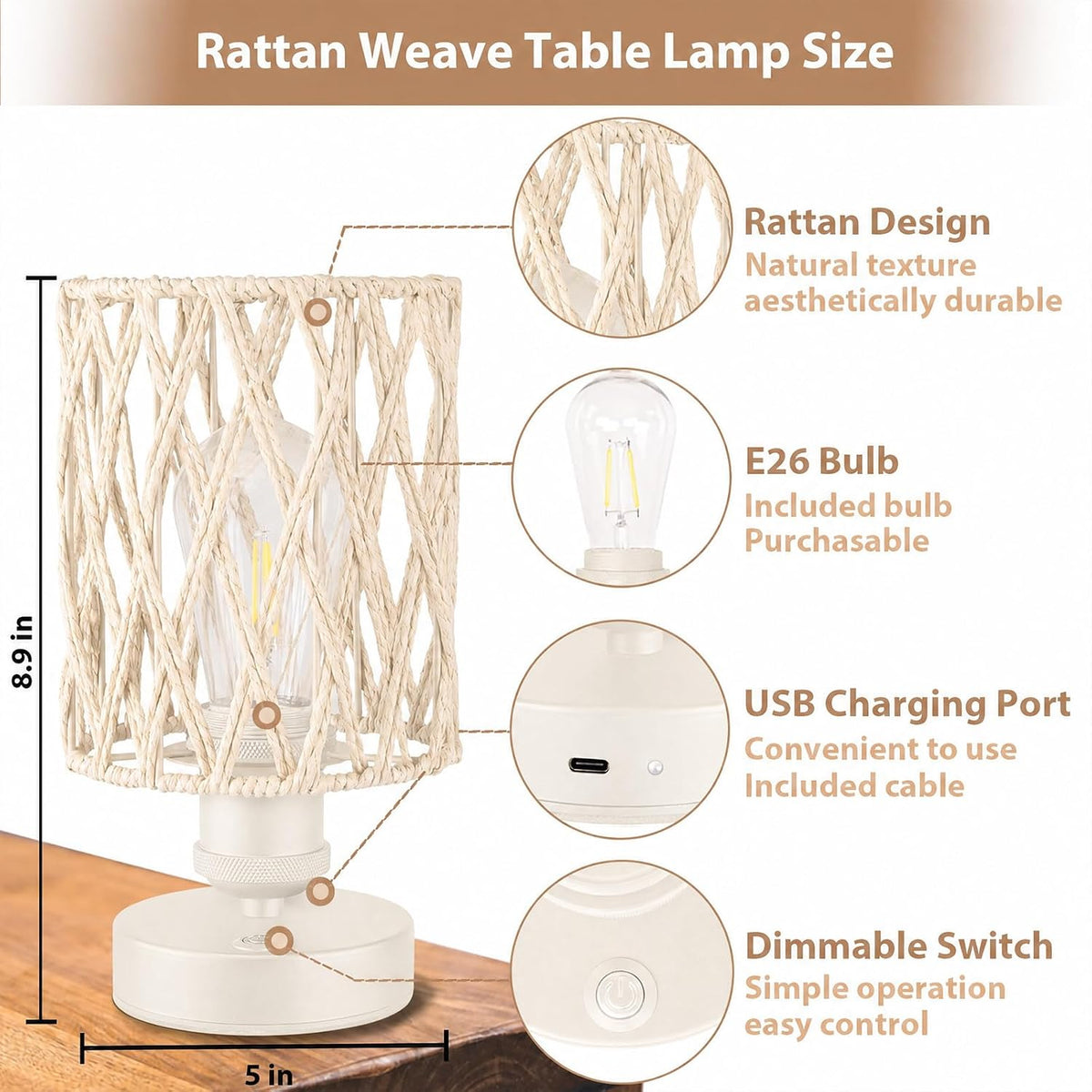 Cordless Outdoor Table Lamps, Small Rattan Boho, Rechargeable Battery Operated for Outdoor Patio, Home, Living Room