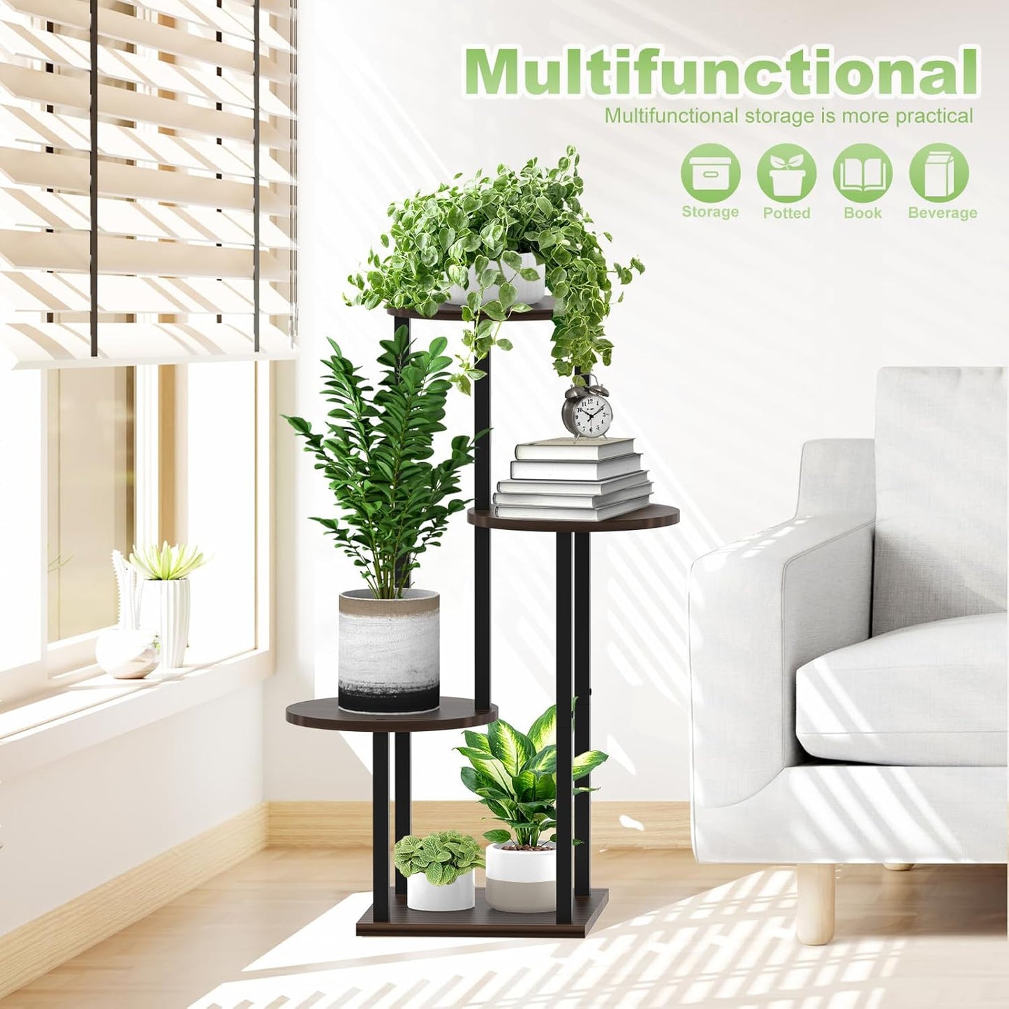4 Tier Wood Tall Plant Stand Metal Rack Indoor, Multiple Flower Pot Holder Shelves Corner Rack, Round Planter Shelf
