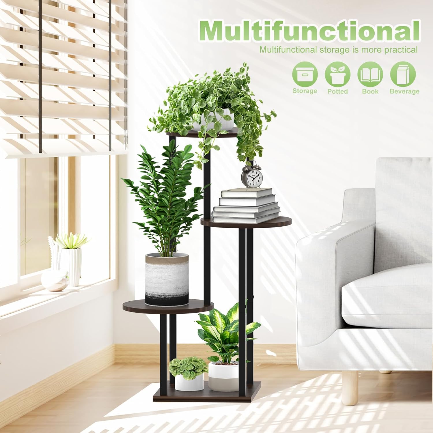 4 Tier Wood Tall Plant Stand Metal Rack Indoor, Multiple Flower Pot Holder Shelves Corner Rack, Round Planter Shelf