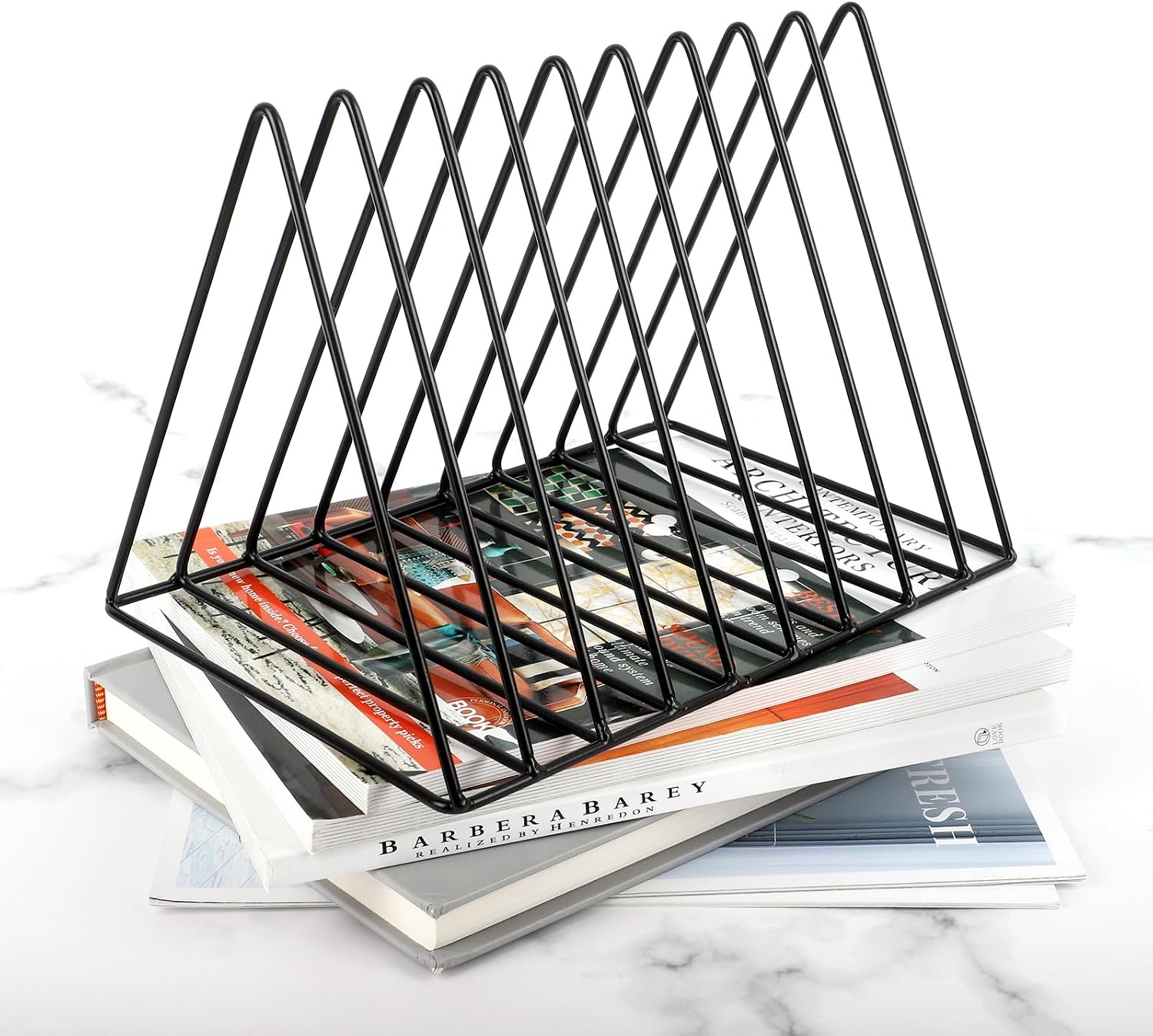 Vinyl Record Holder Storage, 9 Slot Metal Magazine Book Album Display Rack, Stylish Triangle Desktop File Sorter