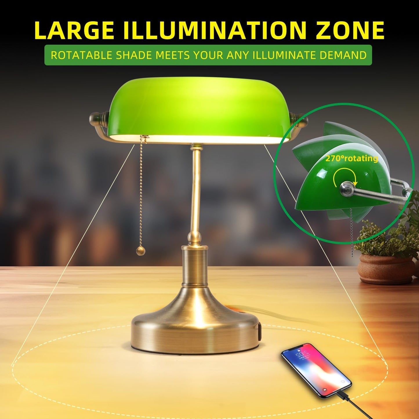 Banker Desk Lamp Green Glass, Antique Desk Lamps with Brass Base, Traditional Library Table Lamp with USB A and Type C