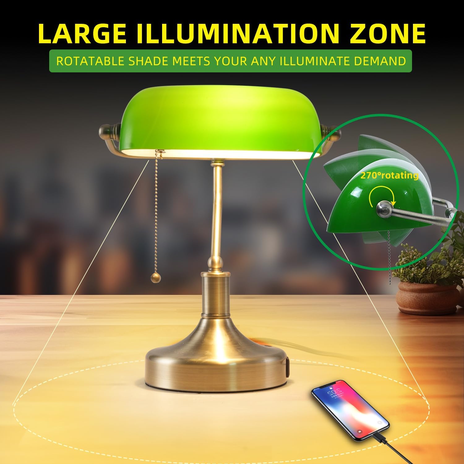 Banker Desk Lamp Green Glass, Antique Desk Lamps with Brass Base, Traditional Library Table Lamp with USB A and Type C