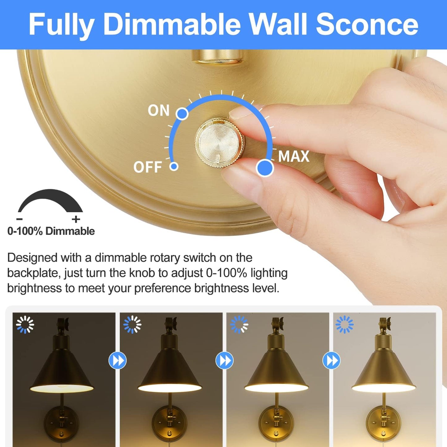 TRLIFE Wall Sconce Plug in, Brushed Brass Dimmable Wall Sconce Swing Arm Wall Lights Plug in Wall Mounted Light with