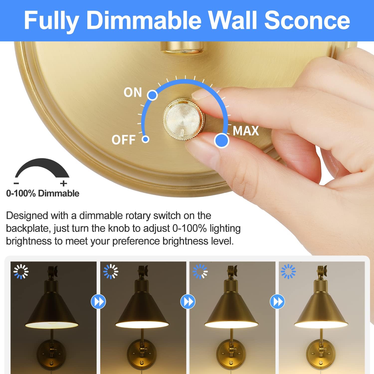 TRLIFE Wall Sconces Plug in, Dimmable Wall Sconces Brushed Brass Swing Arm Wall Lights Plug in Wall Mounted Light