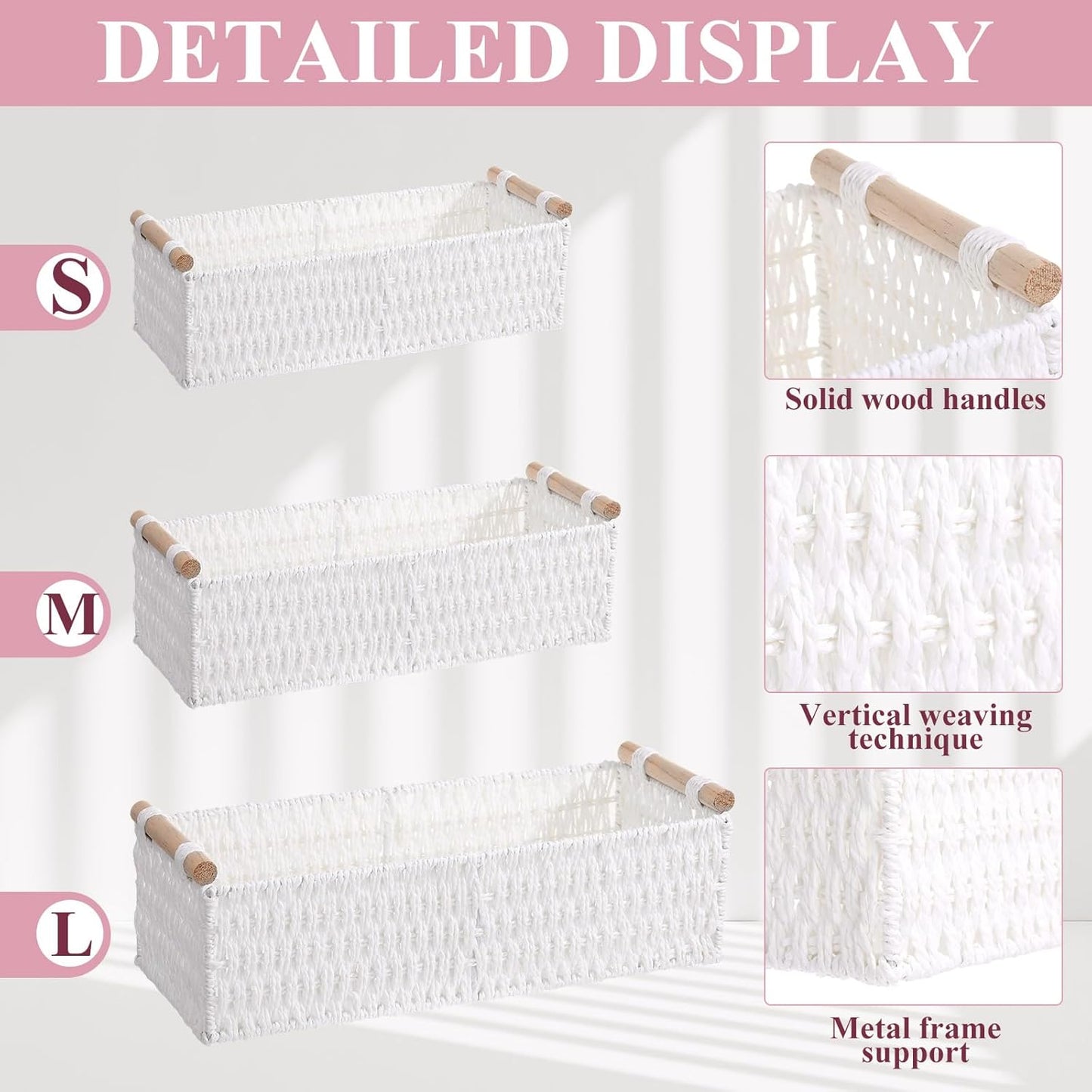 Boho Storage Wicker Baskets Handmade Woven Decorative Paper Rope / White / Rectangle / Set of 3