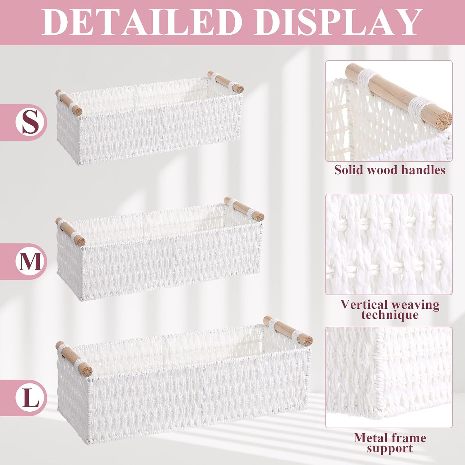 Boho Storage Wicker Baskets Handmade Woven Decorative Paper Rope / White / Rectangle / Set of 3