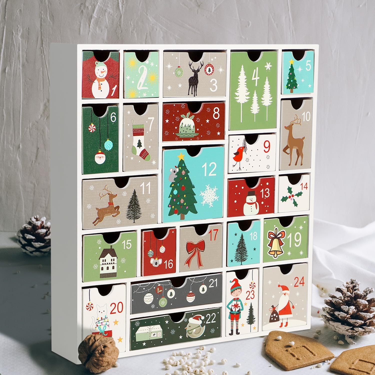 Wooden Christmas Advent Calendar with 24 Drawers, Countdown to Christmas, Refillable Wooden Advent, White