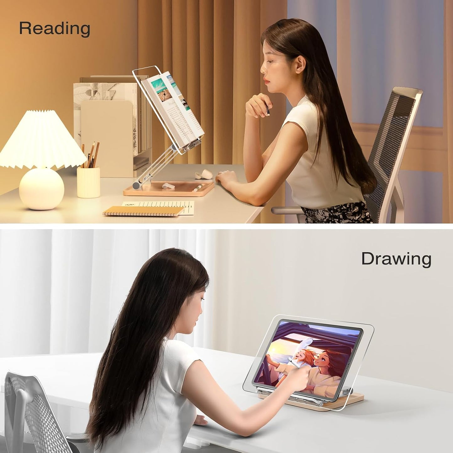 Acrylic Book Stand with Storage Base, Dual Aluminum Arm Reading Holder | Non-Slip Silicone Clips, Hands-Free Reading