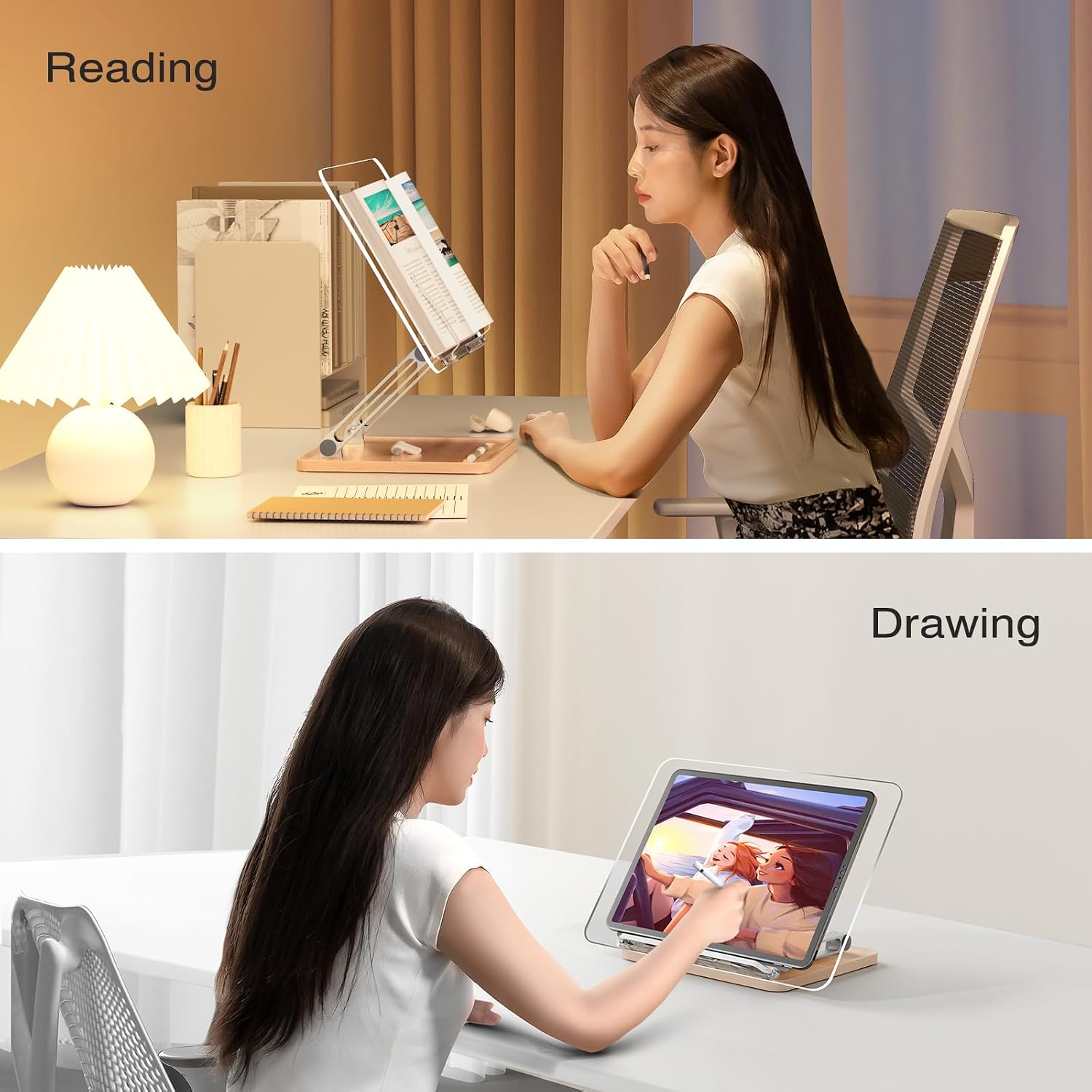 Acrylic Book Stand with Storage Base, Dual Aluminum Arm Reading Holder | Non-Slip Silicone Clips, Hands-Free Reading
