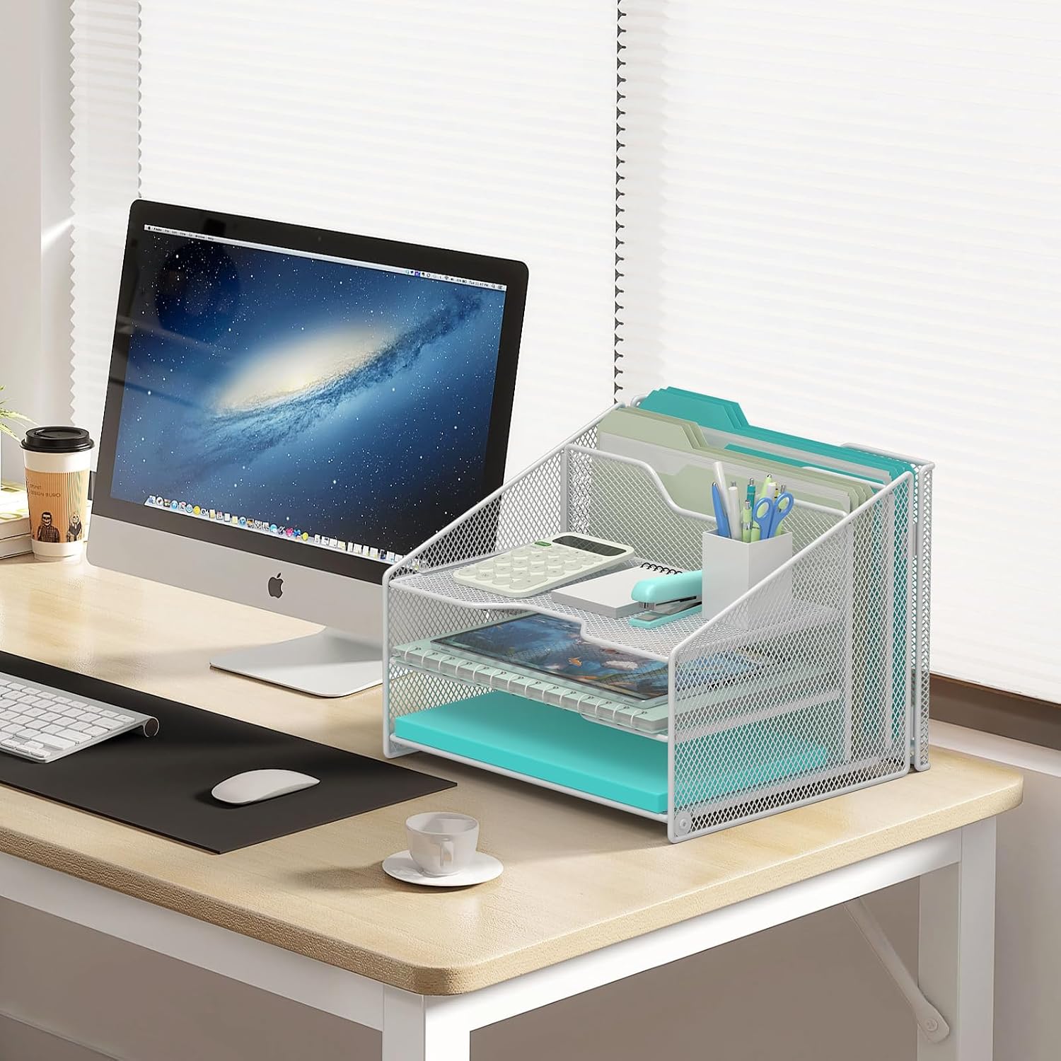 Samstar White Desk File Organizer, Mesh Letter File Folder Holder with 3 Paper Trays and 2 Vertical Upright Section