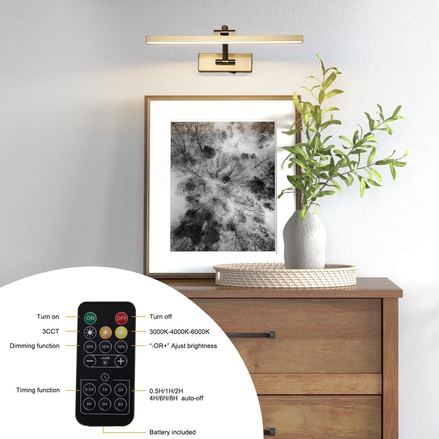 Wireless Picture Lights with Remote and Timer Brass Gallery Lighting Rechargeable Wireless Art Lights 3CCT Dimmable