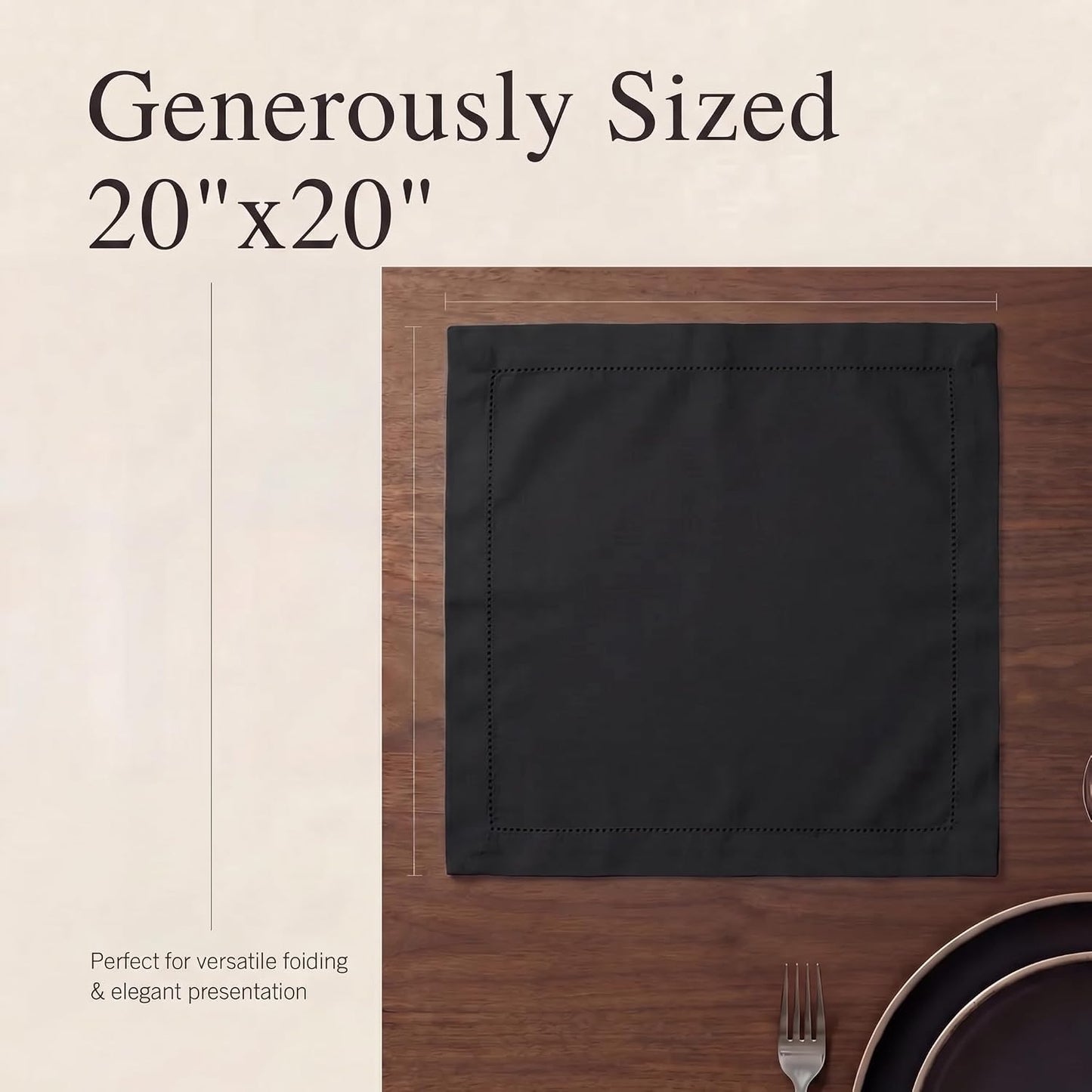 Urban Villa Hemstitch Cloth Dinner Napkins Cotton 20”x20” (Set of 12)-Black