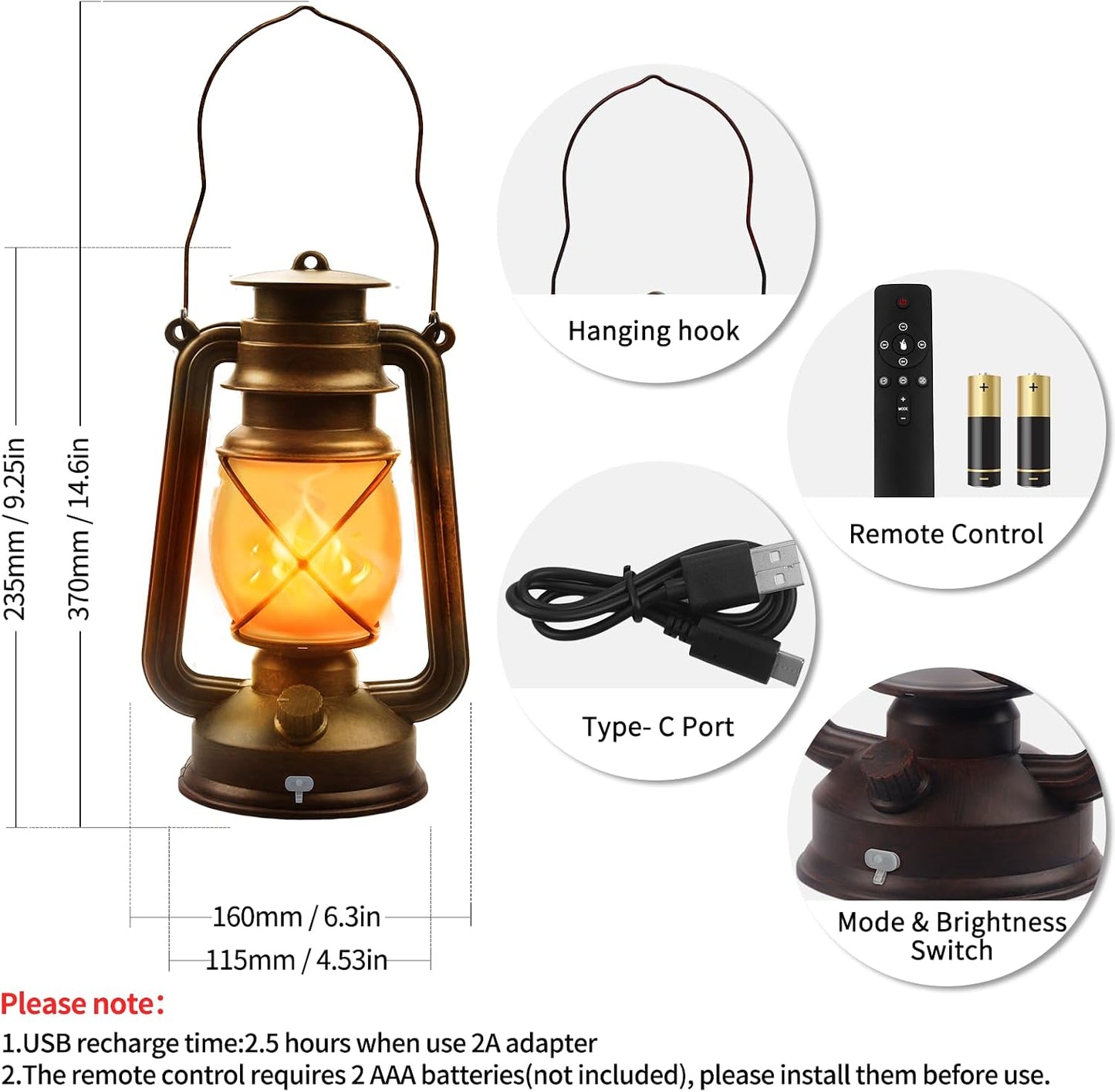 2 Pack Bronze Vintage 4 Modes Rechargeable Lanterns with Remote Control | Waterproof Hanging LED Lights with Flickering