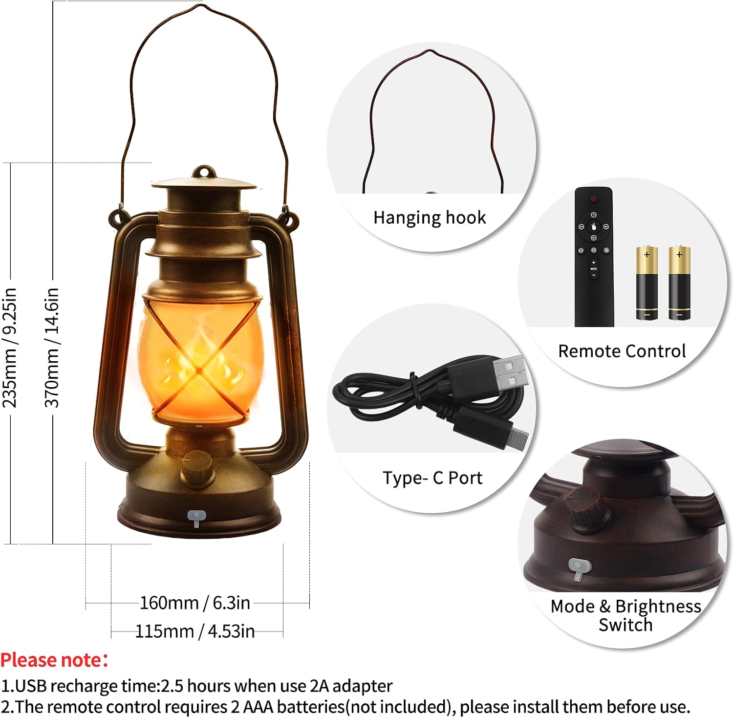 2 Pack Bronze Vintage 4 Modes Rechargeable Lanterns with Remote Control | Waterproof Hanging LED Lights with Flickering