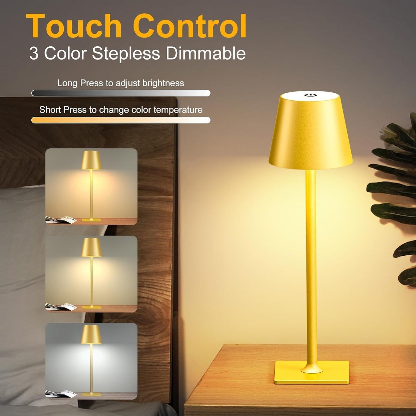 Yogaret Gold Rechargeable Cordless Table Lamp, Battery Operated, 2 Pack | 6000mAh battery lamps waterproof wireless