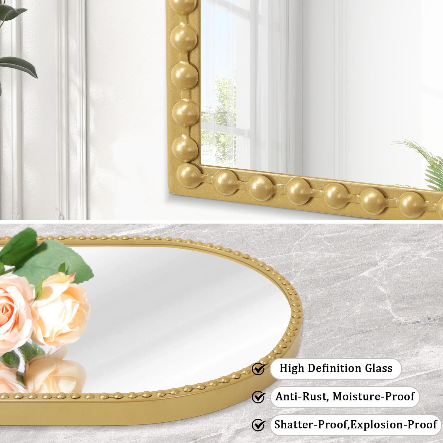 Beaded Framed Metal Accent Wall Mirror Decorative Bathroom Living Room Bedroom / 30"L x 20"W / Gold