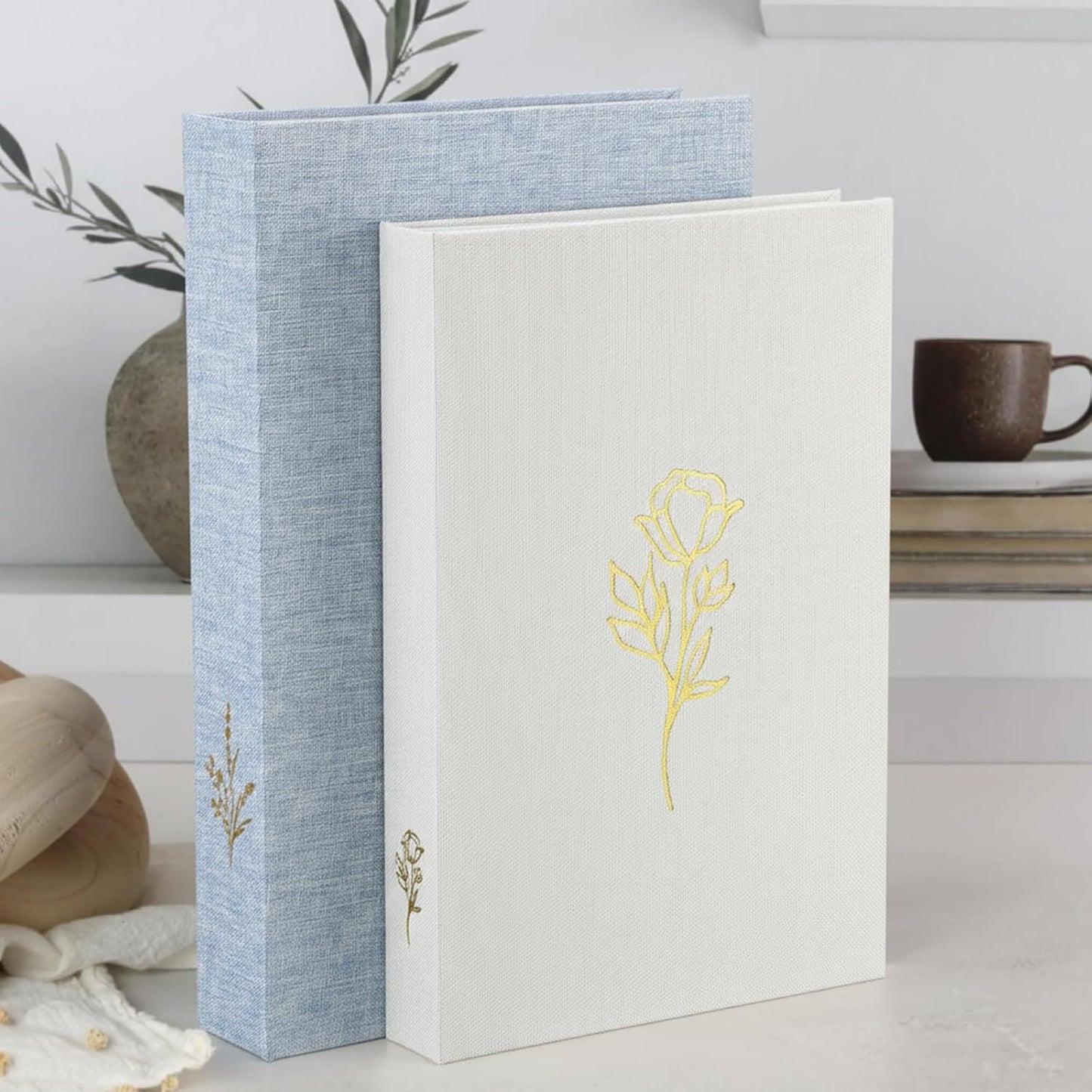 Aesthetic Decorative Books Linen Boxes Coffee Table Bookshelf Mantle / Baby Blue Beige / Set of 2