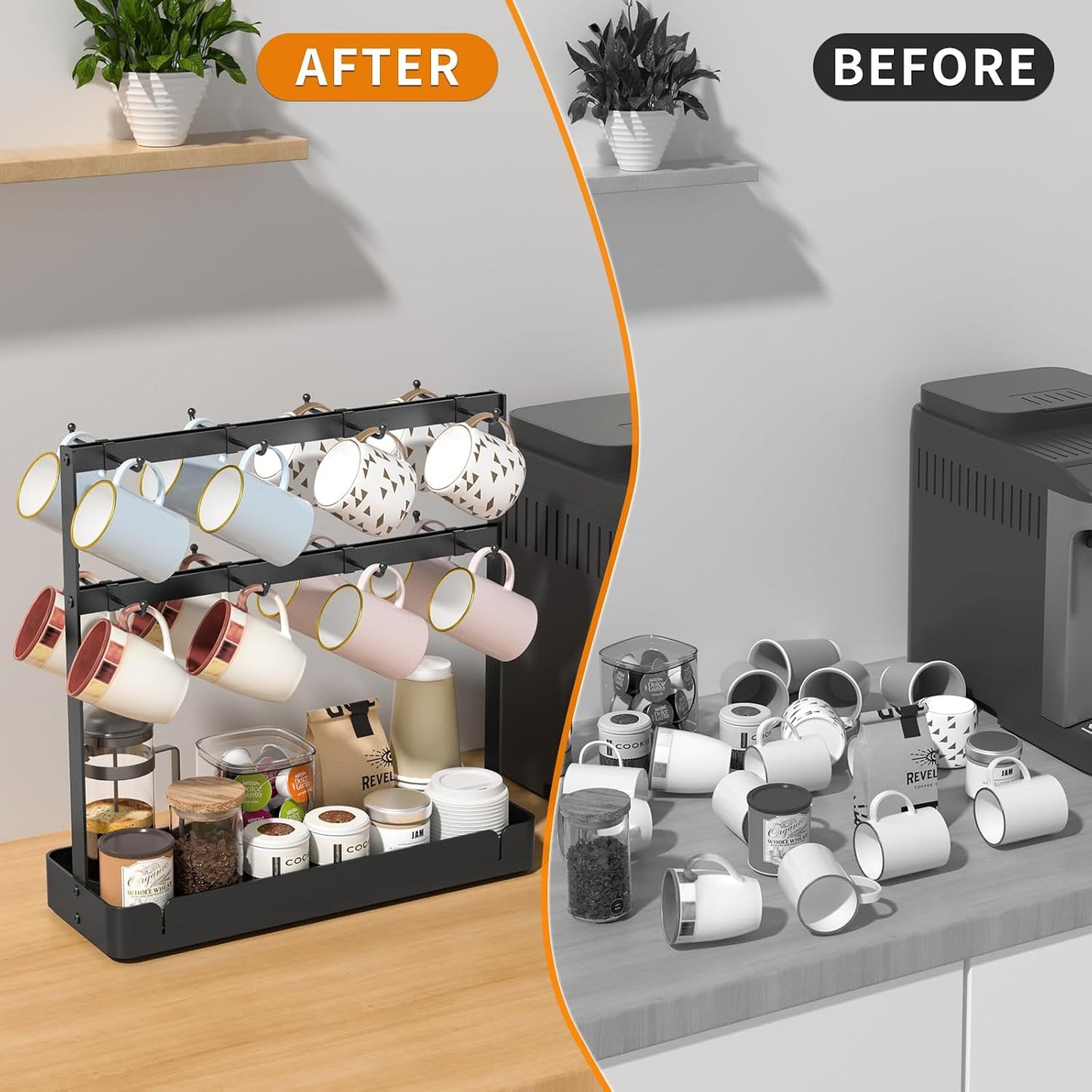 RCHYFEED 2 Tier Coffee Cup Holder with 16 Movable Hooks & Storage Basket | Sturdy Metal Countertop Mug Rack,Drain Tray