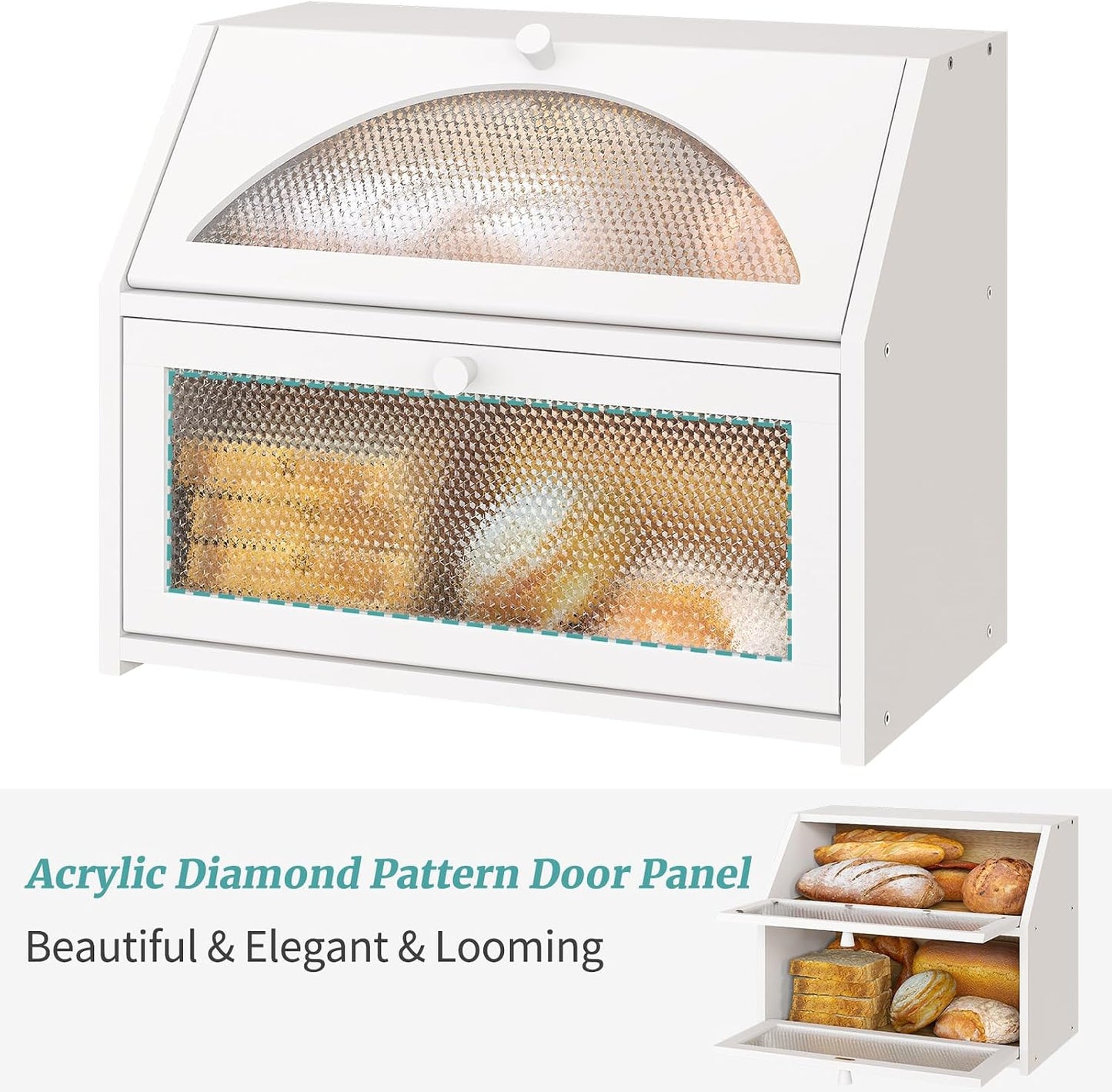 White Bread Box, Bamboo Wood Bread Box for Kitchen Counter, Double-layer Bread Storage Bin, Acrylic glass with Diamond