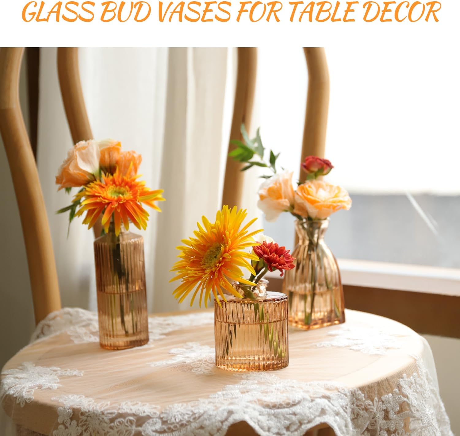 Vase Small Glass Vases for Flowers Modern Ribbed Glass Bud Vase for Decor Flower / Amber / Set of 12