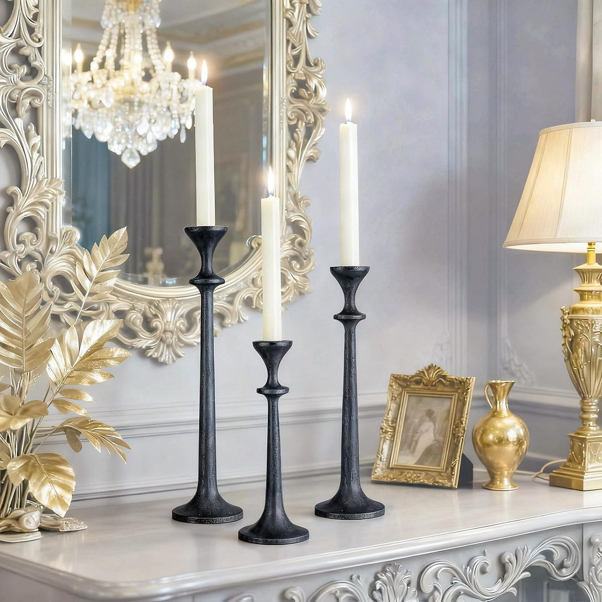 Black Taper Candle Holders Set of 3 Heavy Cast Iron Black Candlestick Holder for Table Centerpiece Modern Decorative